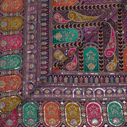 Royal Purple Multicolor Embroidered Crepe Fabric