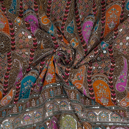Earthy Brown Multicolor Embroidered Crepe Fabric