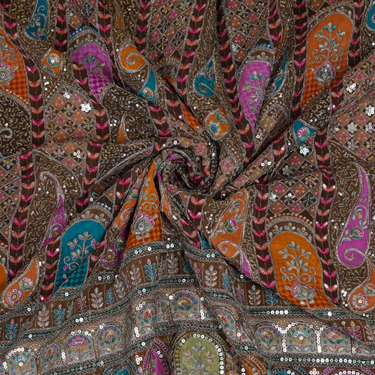Earthy Brown Multicolor Embroidered Crepe Fabric