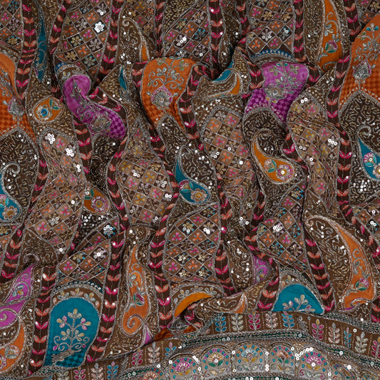 Earthy Brown Multicolor Embroidered Crepe Fabric