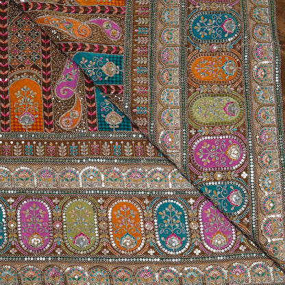 Earthy Brown Multicolor Embroidered Crepe Fabric