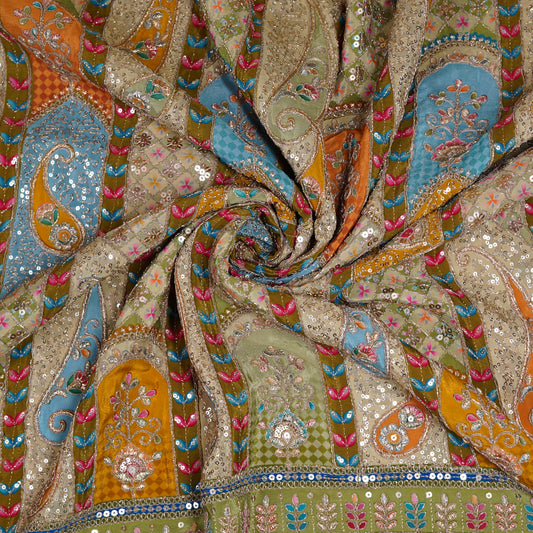 Beige Multicolor Embroidered Crepe Fabric