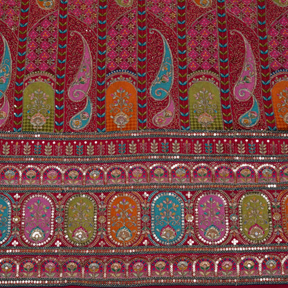Crimson Red Multicolor Embroidered Crepe Fabric