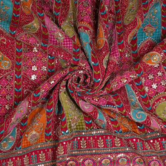 Crimson Red Multicolor Embroidered Crepe Fabric