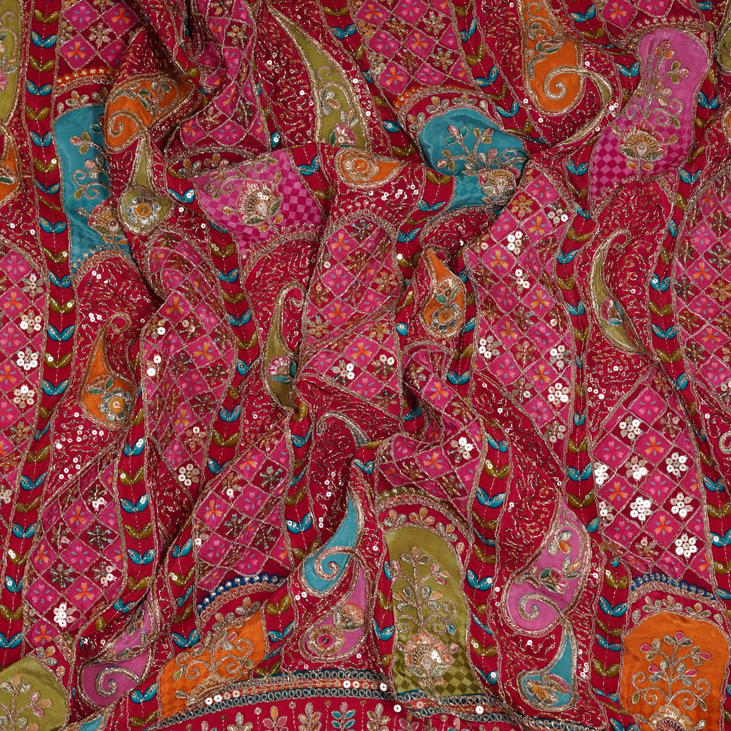 Crimson Red Multicolor Embroidered Crepe Fabric