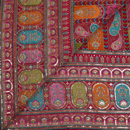 Crimson Red Multicolor Embroidered Crepe Fabric