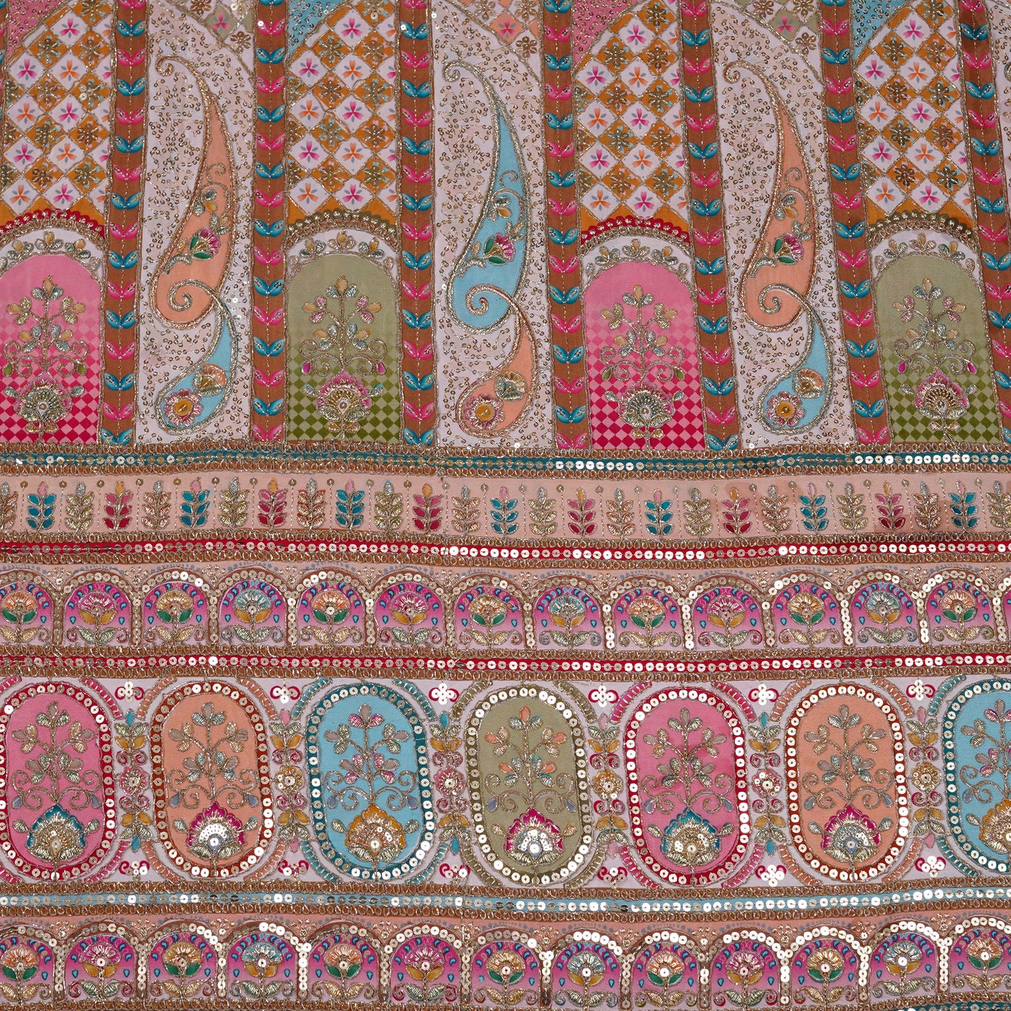 Soft Beige Pink Multicolor Embroidered Crepe Fabric