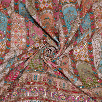 Soft Beige Pink Multicolor Embroidered Crepe Fabric