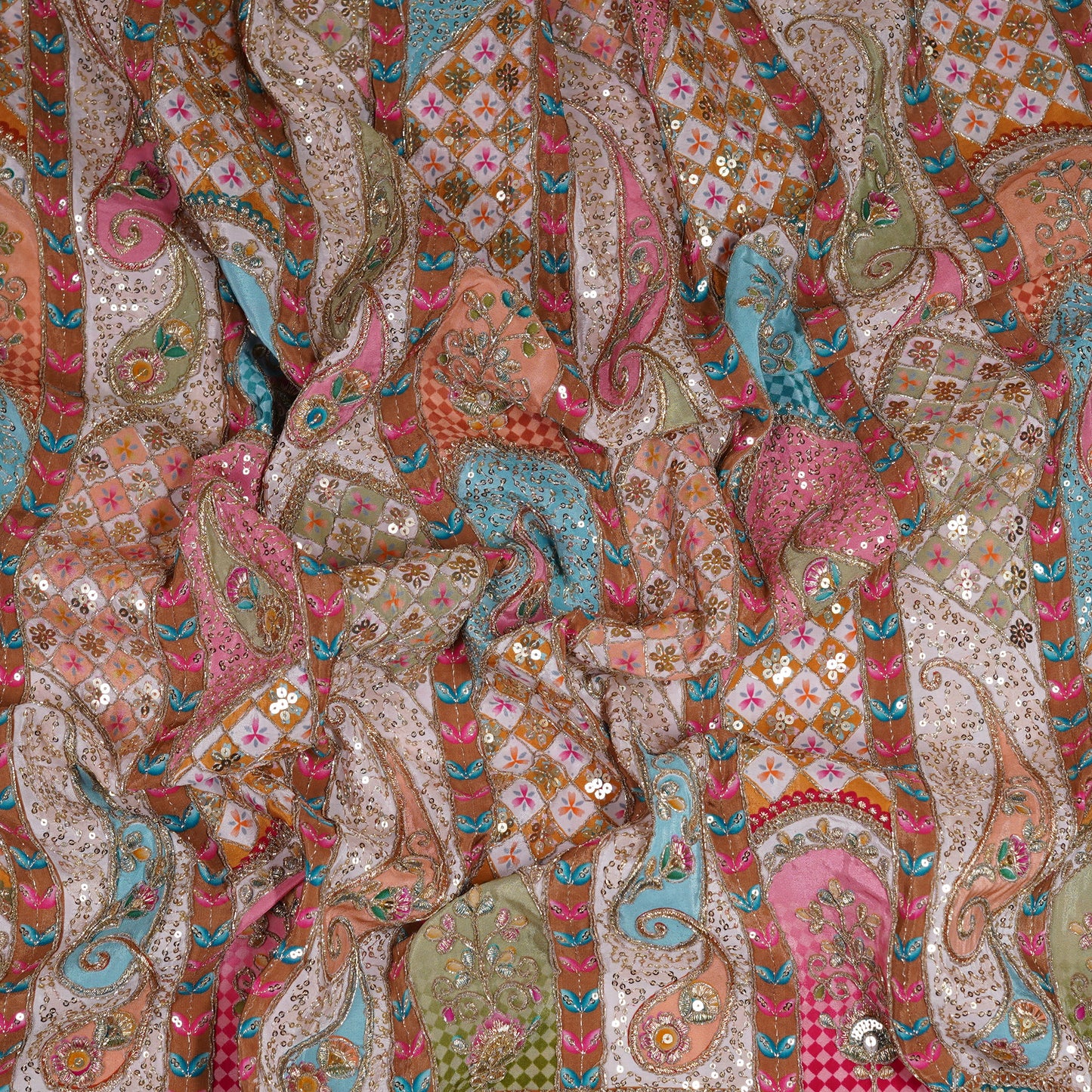 Soft Beige Pink Multicolor Embroidered Crepe Fabric