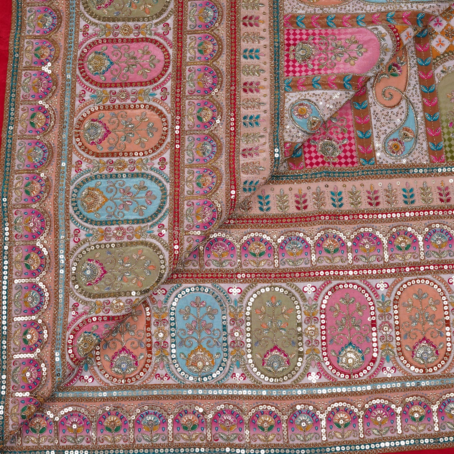 Soft Beige Pink Multicolor Embroidered Crepe Fabric