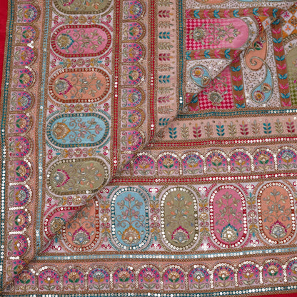 Soft Beige Pink Multicolor Embroidered Crepe Fabric