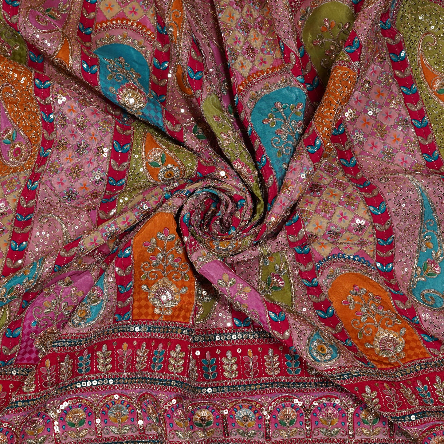 Rose Pink Multicolor Embroidered Crepe Fabric