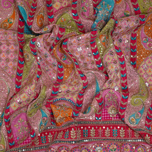 Rose Pink Multicolor Embroidered Crepe Fabric
