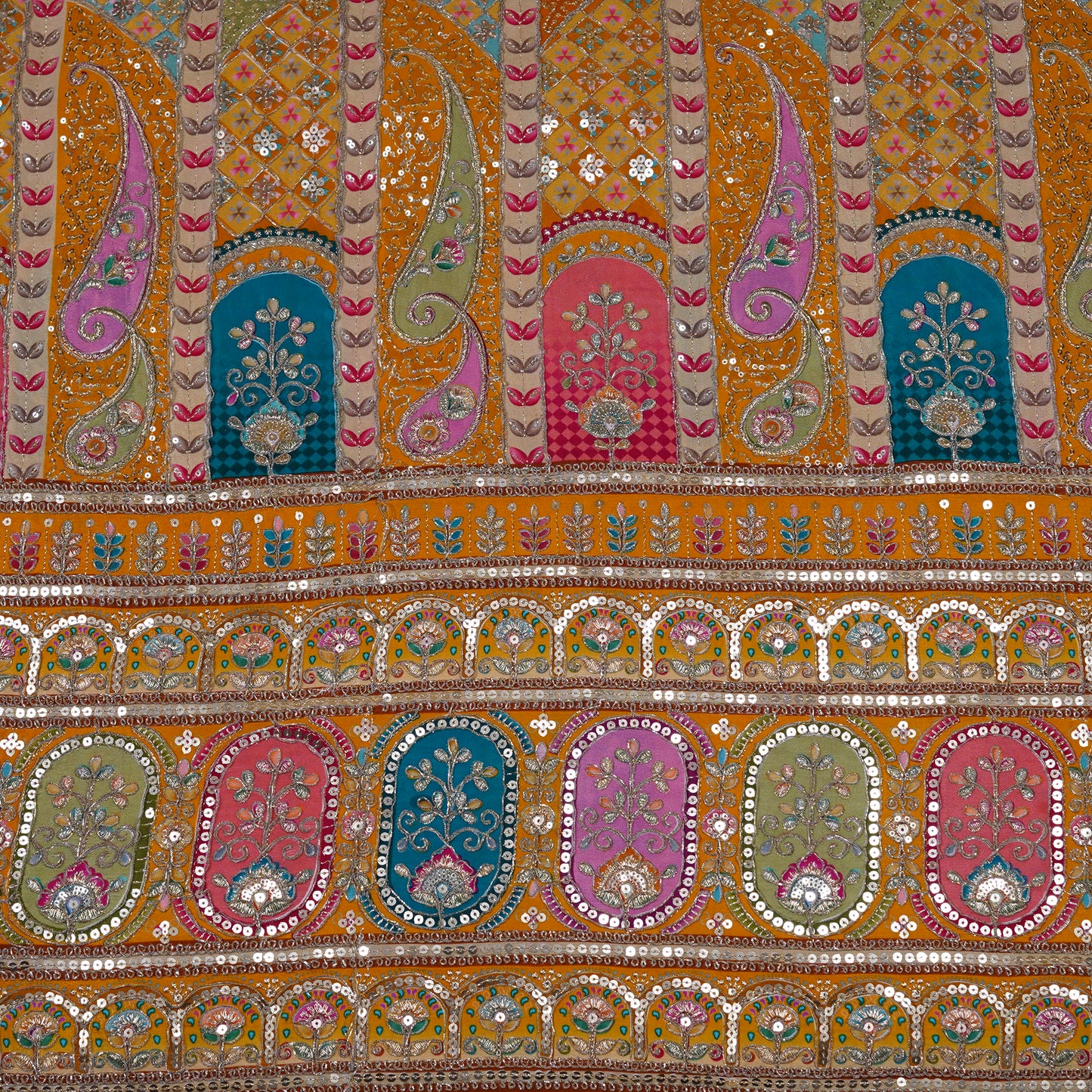 Mustard Yellow Multicolor Embroidered Crepe Fabric