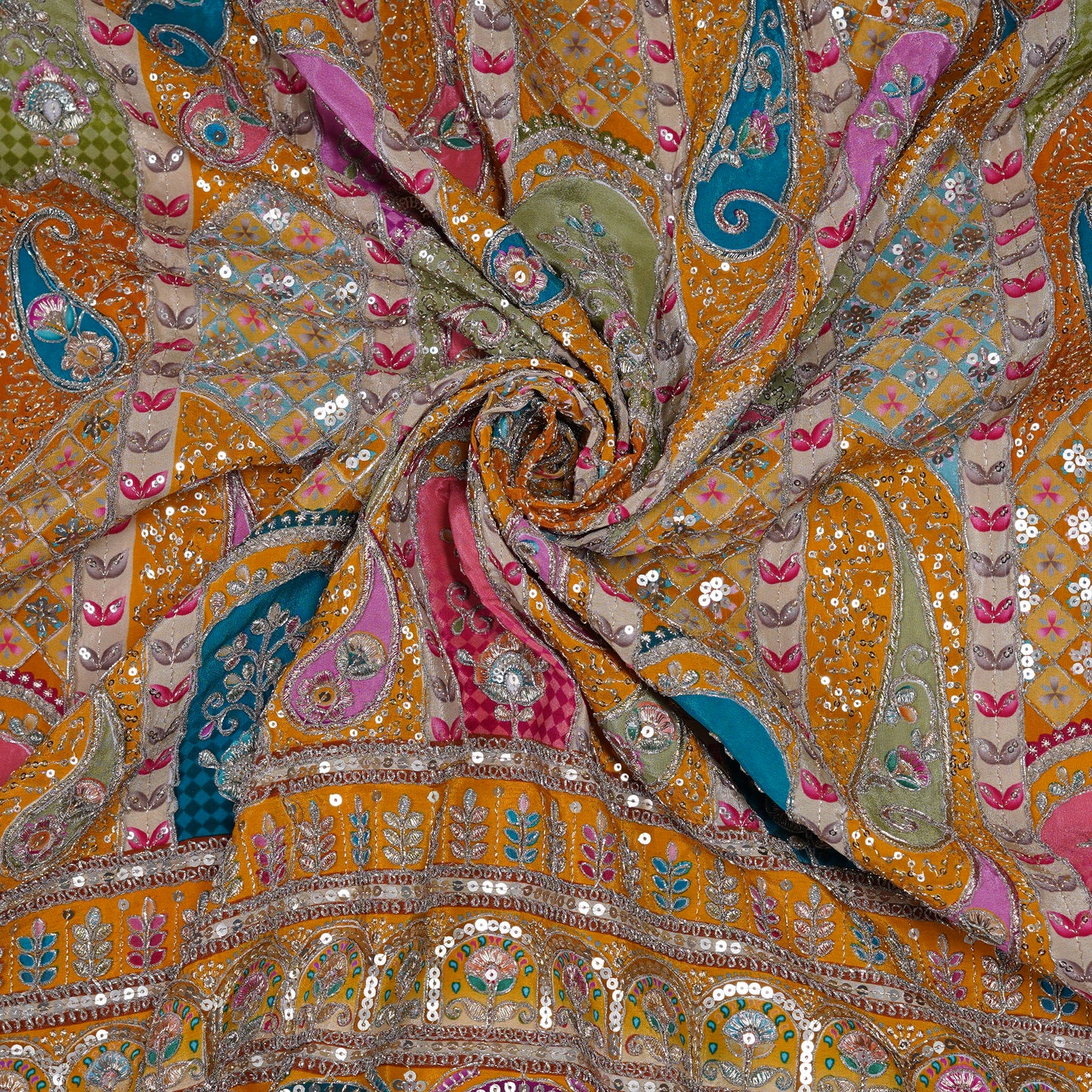 Mustard Yellow Multicolor Embroidered Crepe Fabric