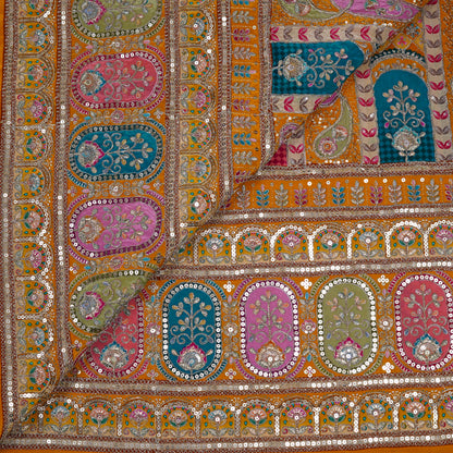 Mustard Yellow Multicolor Embroidered Crepe Fabric