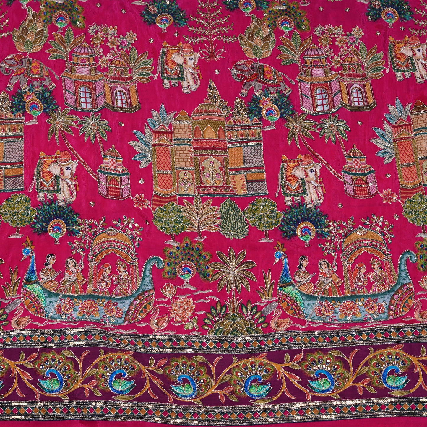 Rani Pink Royal Scenic Embroidered Crepe Fabric