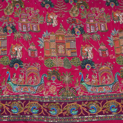 Rani Pink Royal Scenic Embroidered Crepe Fabric
