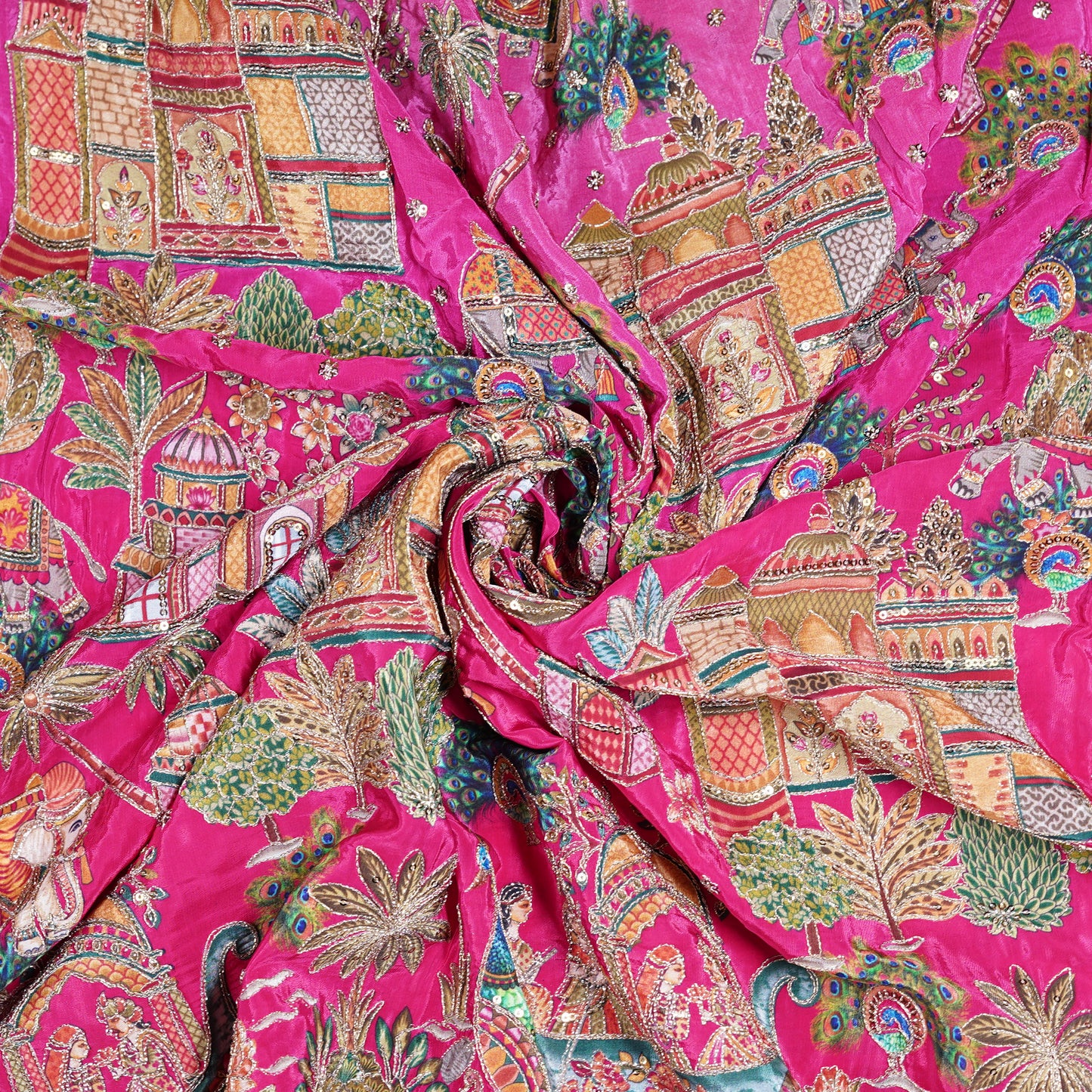 Rani Pink Royal Scenic Embroidered Crepe Fabric
