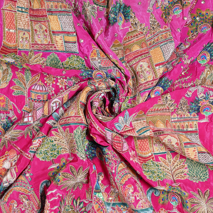 Rani Pink Royal Scenic Embroidered Crepe Fabric