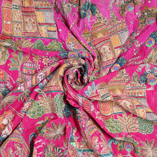 Rani Pink Royal Scenic Embroidered Crepe Fabric