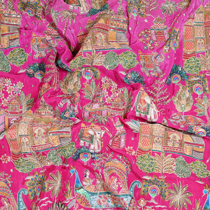Rani Pink Royal Scenic Embroidered Crepe Fabric
