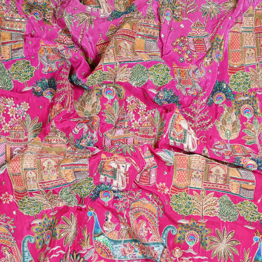 Rani Pink Royal Scenic Embroidered Crepe Fabric