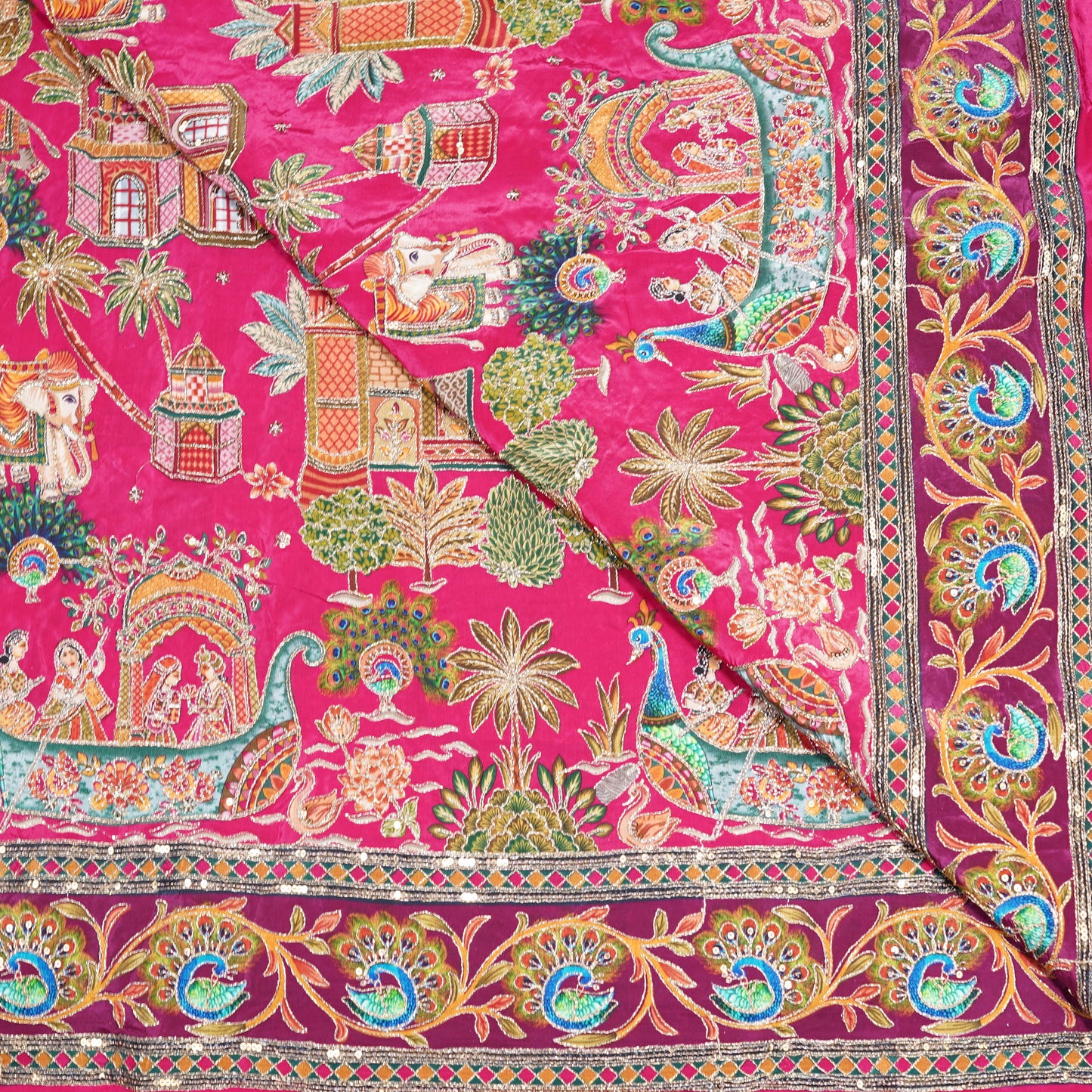Rani Pink Royal Scenic Embroidered Crepe Fabric