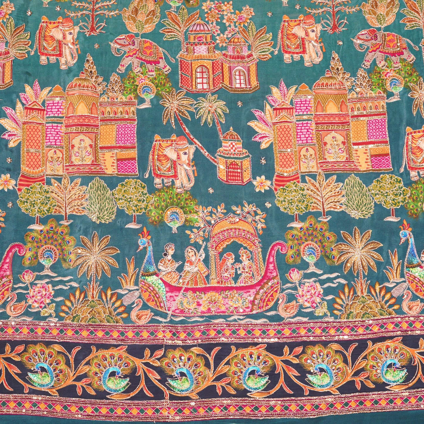 Teal Blue Royal Scenic Embroidered Crepe Fabric