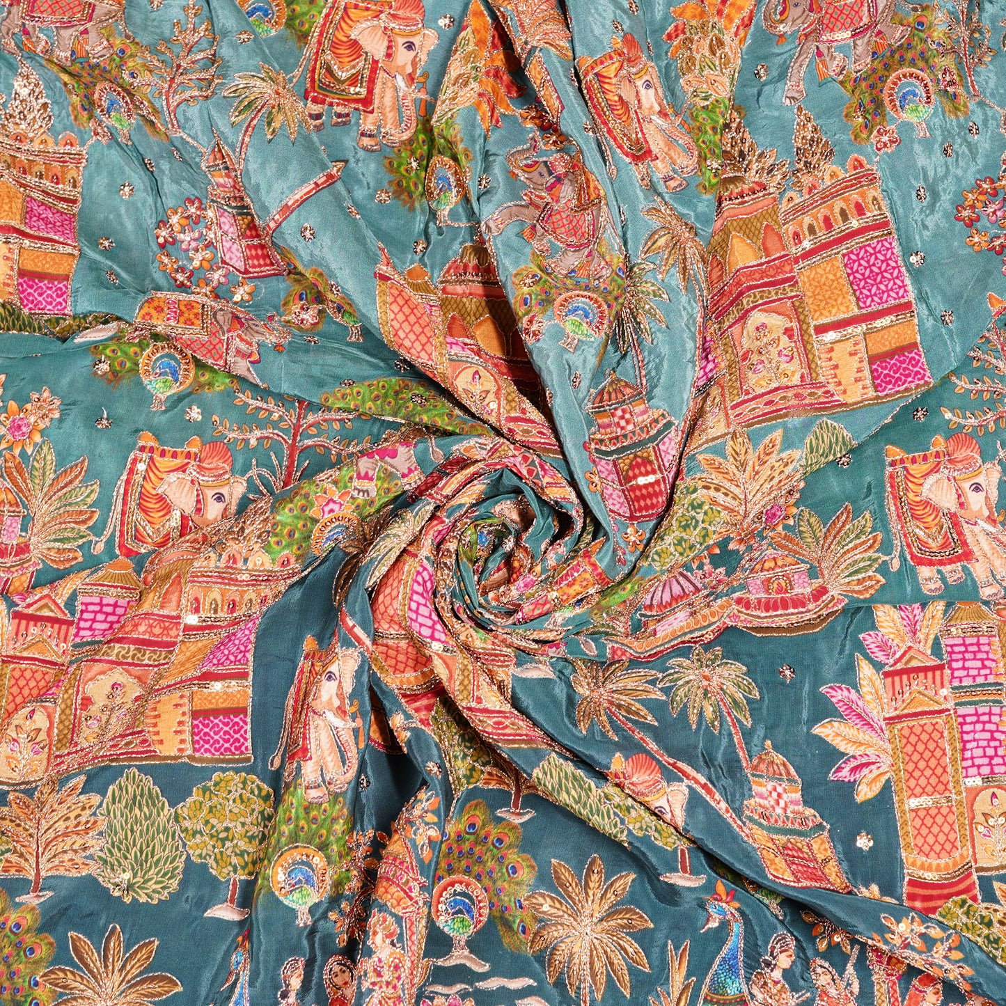 Teal Blue Royal Scenic Embroidered Crepe Fabric
