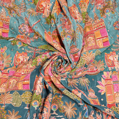 Teal Blue Royal Scenic Embroidered Crepe Fabric