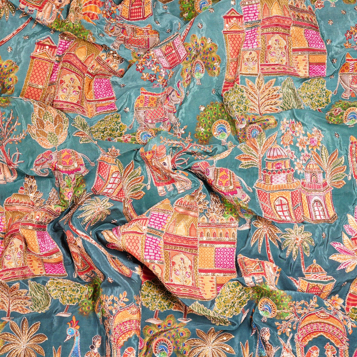 Teal Blue Royal Scenic Embroidered Crepe Fabric