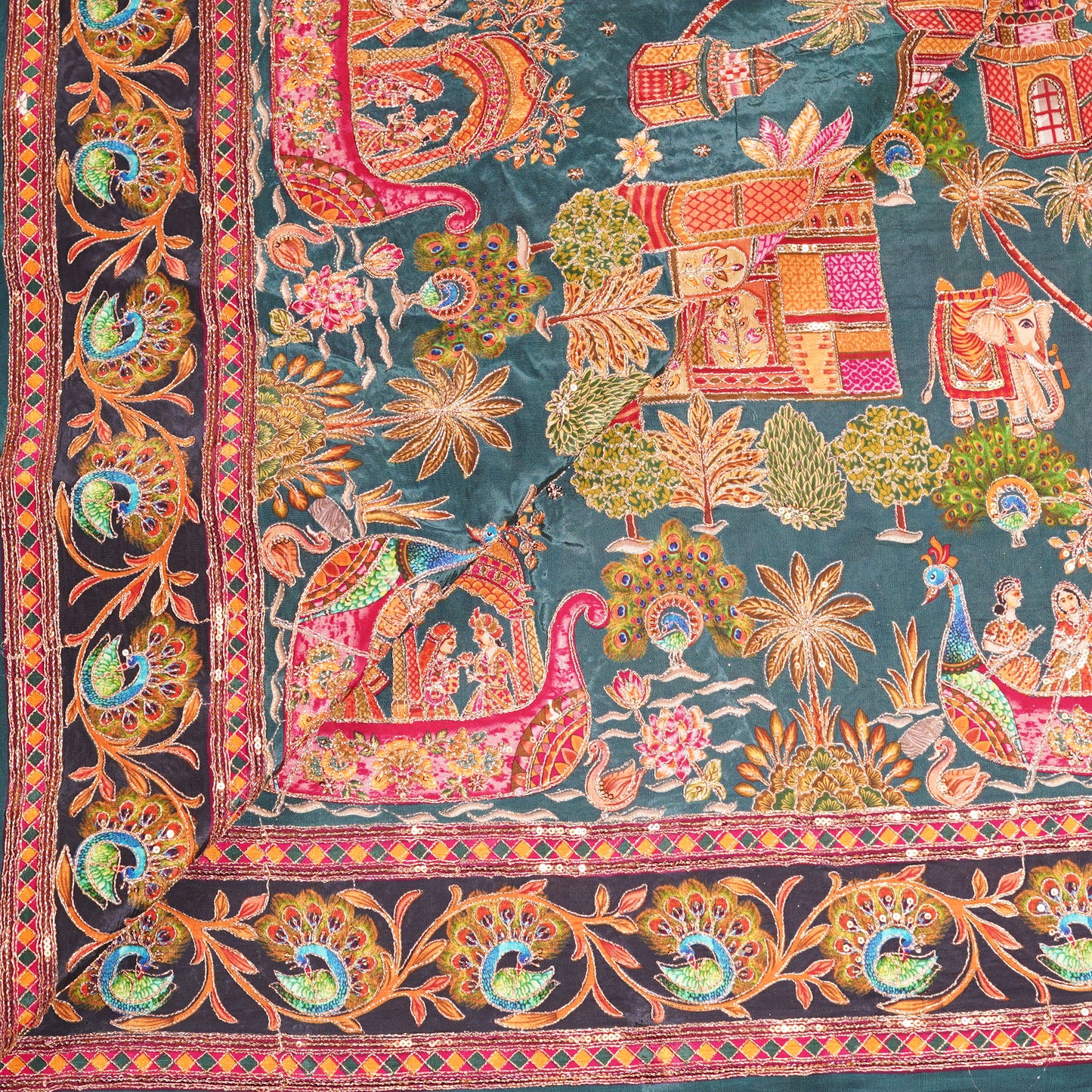 Teal Blue Royal Scenic Embroidered Crepe Fabric