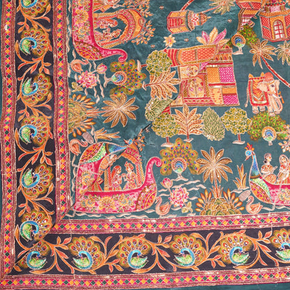 Teal Blue Royal Scenic Embroidered Crepe Fabric