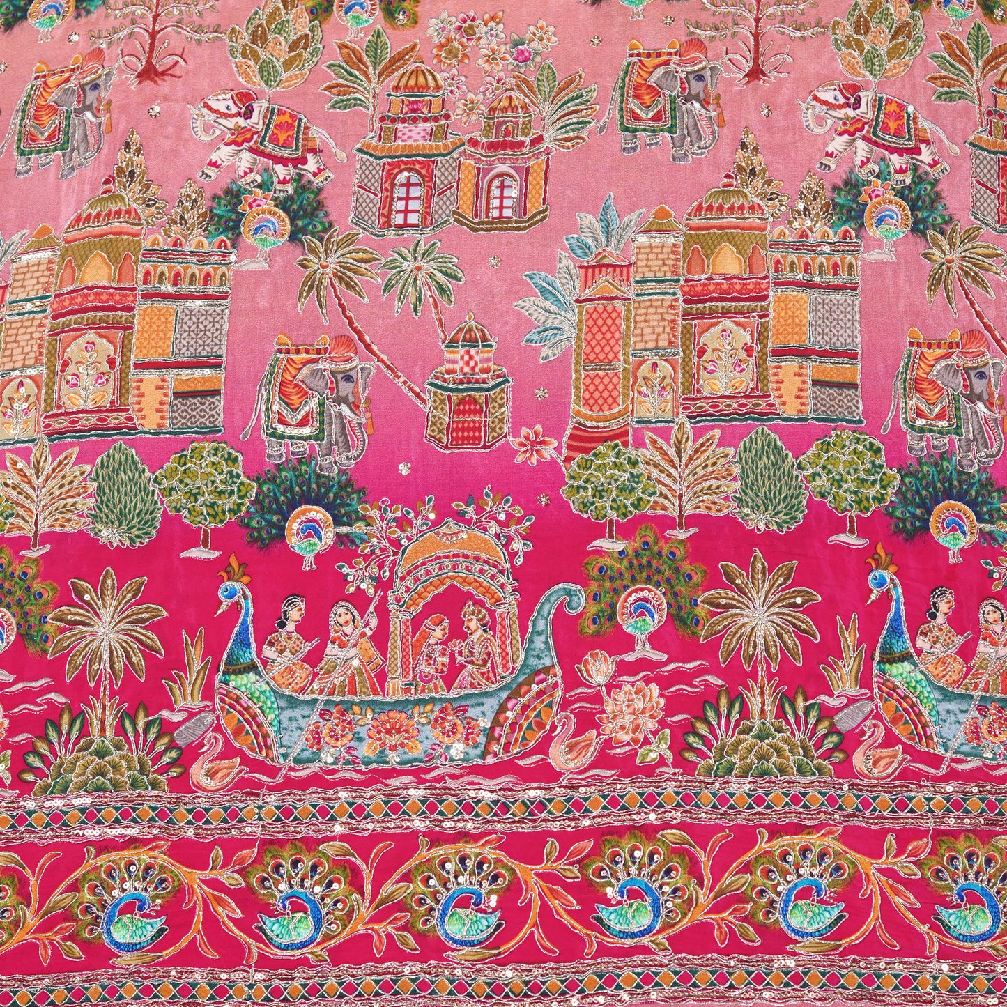 Blush Pink Royal Scenic Embroidered Crepe Fabric
