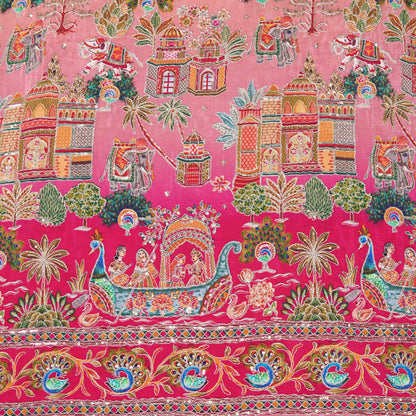 Blush Pink Royal Scenic Embroidered Crepe Fabric