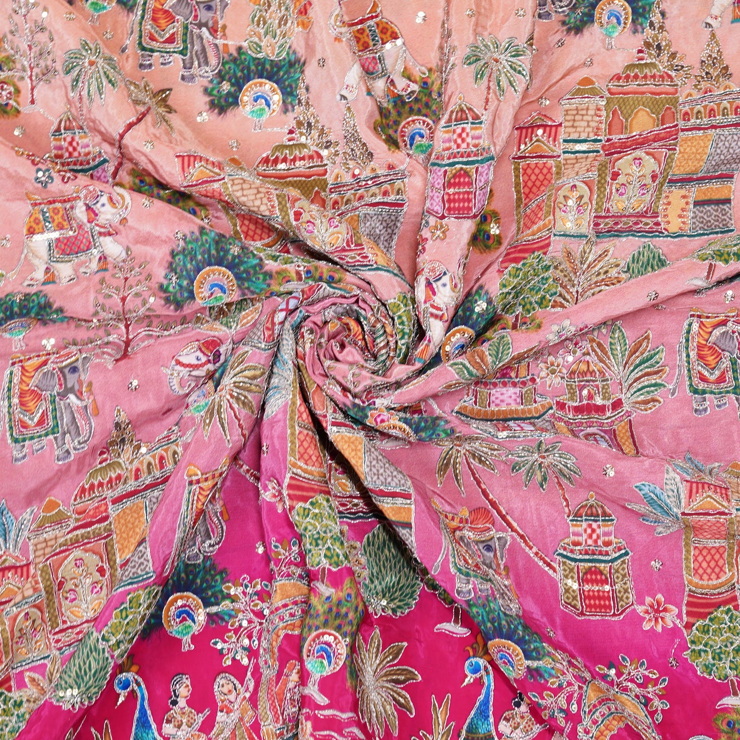 Blush Pink Royal Scenic Embroidered Crepe Fabric