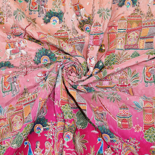Blush Pink Royal Scenic Embroidered Crepe Fabric