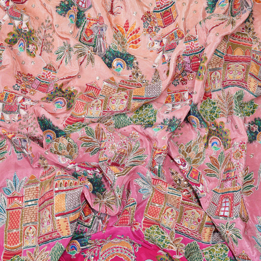 Blush Pink Royal Scenic Embroidered Crepe Fabric