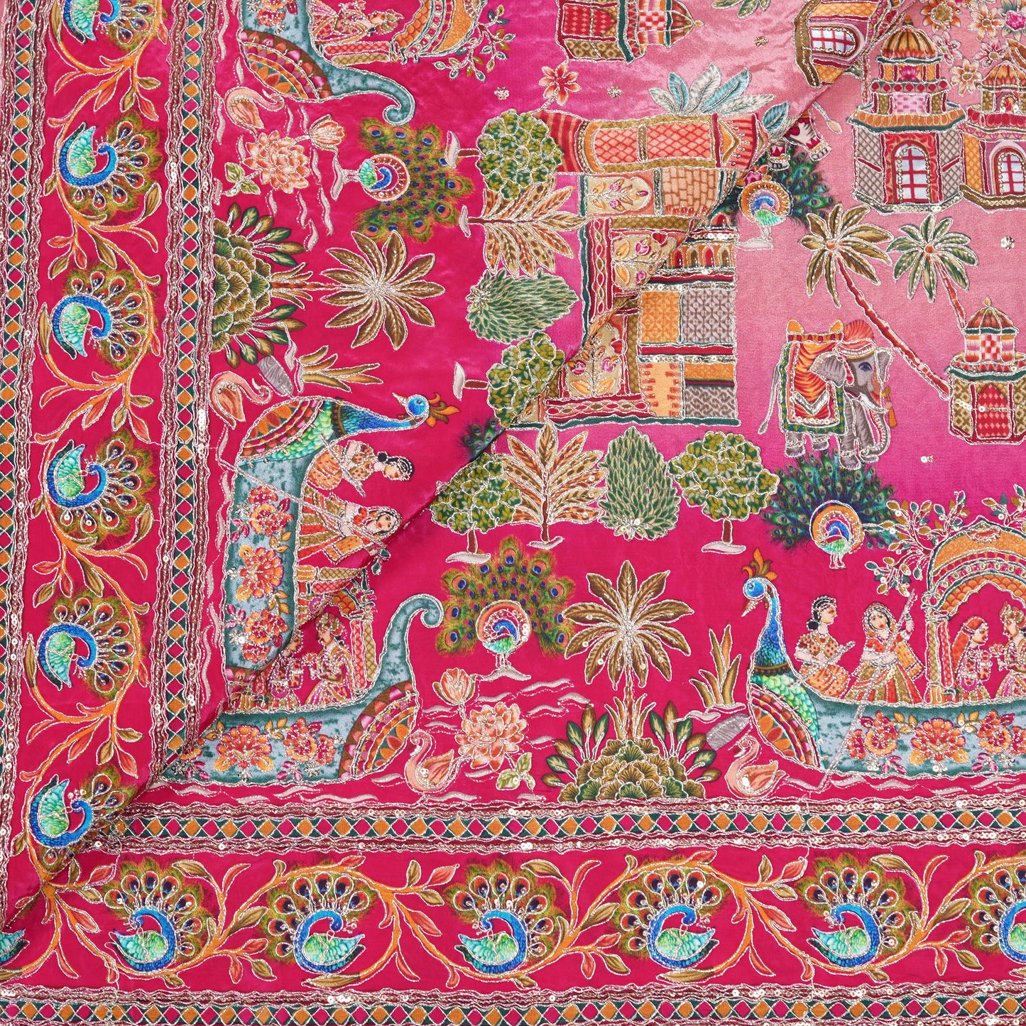 Blush Pink Royal Scenic Embroidered Crepe Fabric