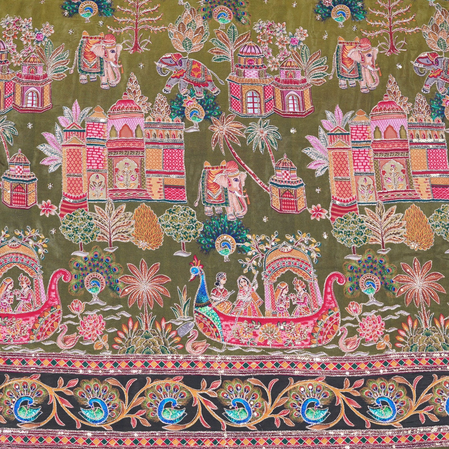 Olive Green Royal Scenic Embroidered Crepe Fabric