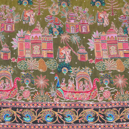 Olive Green Royal Scenic Embroidered Crepe Fabric