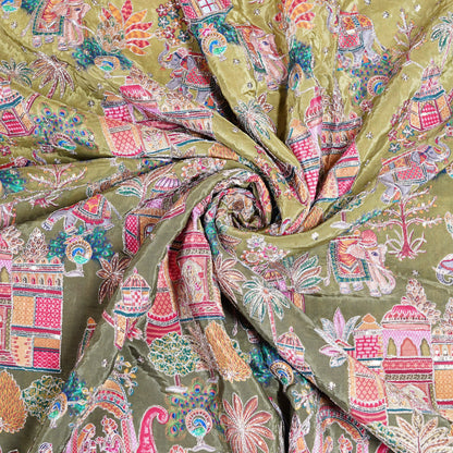 Olive Green Royal Scenic Embroidered Crepe Fabric
