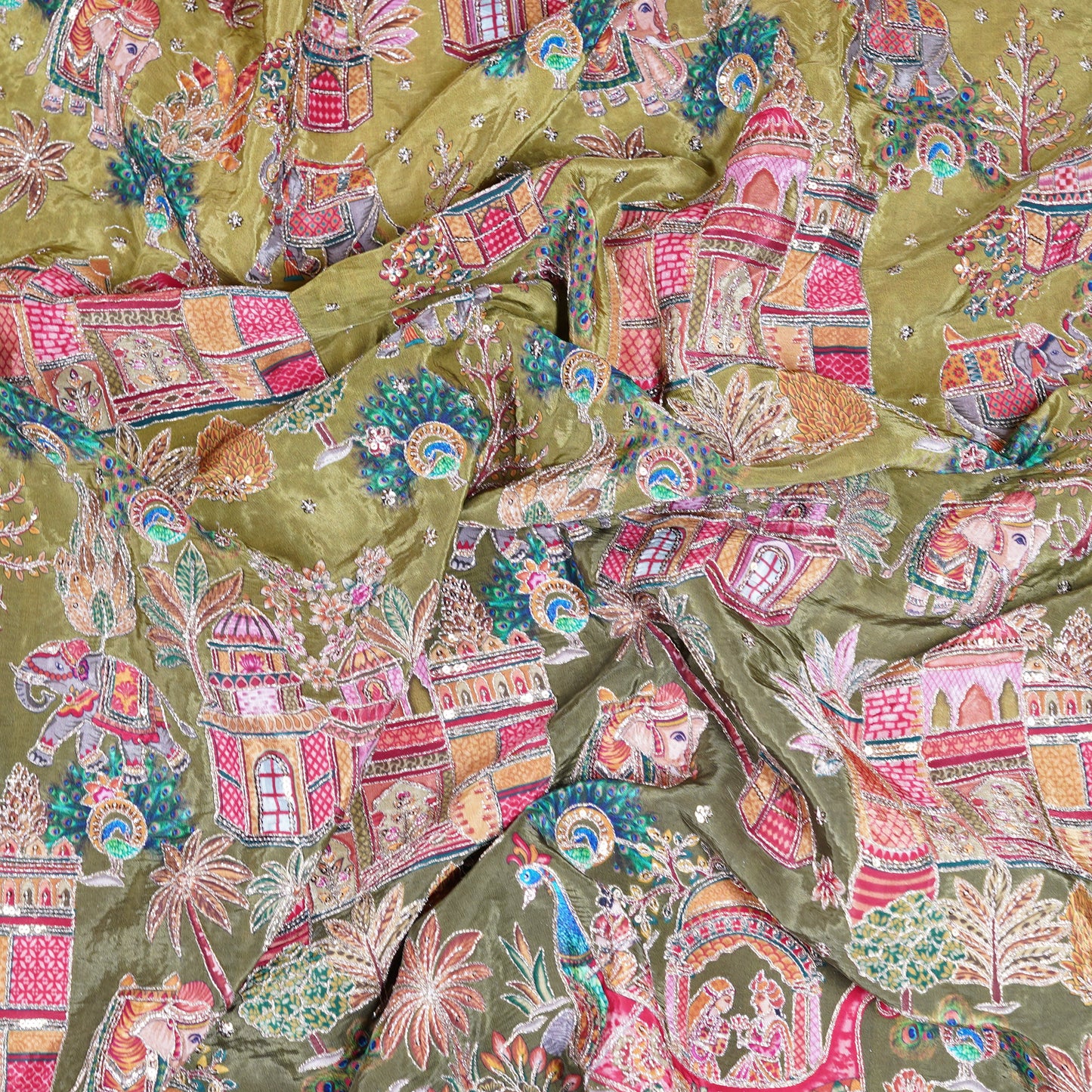 Olive Green Royal Scenic Embroidered Crepe Fabric