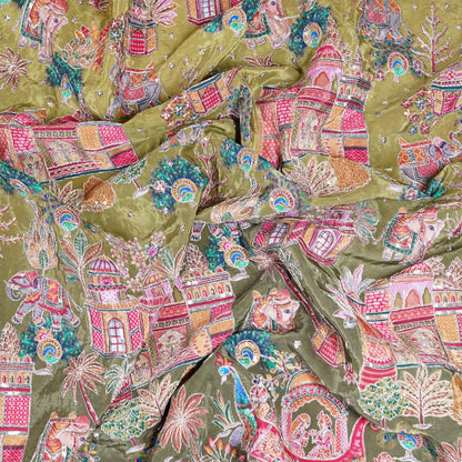 Olive Green Royal Scenic Embroidered Crepe Fabric