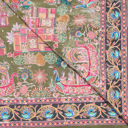 Olive Green Royal Scenic Embroidered Crepe Fabric