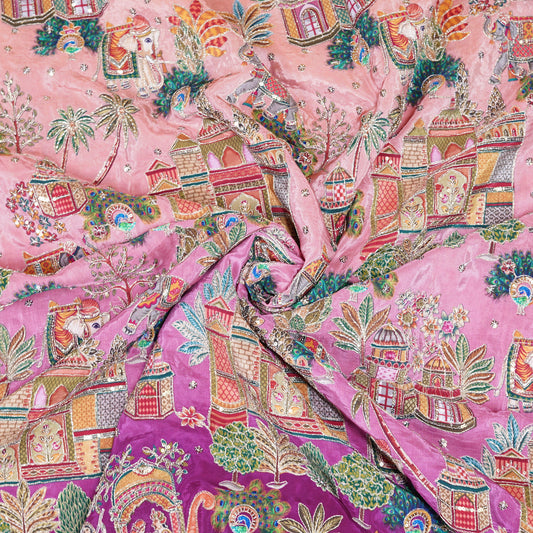Pink Ombre Royal Scenic Embroidered Crepe Fabric