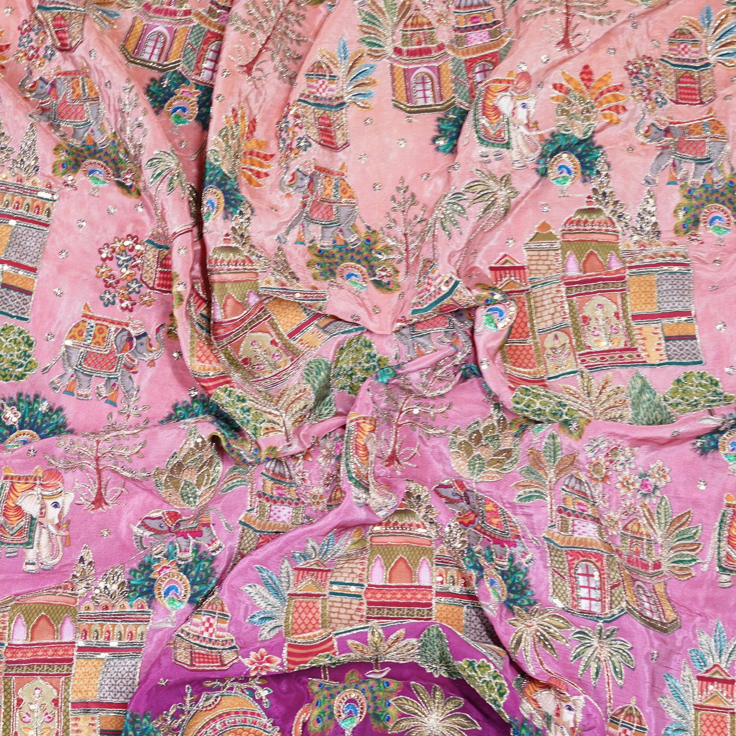 Pink Ombre Royal Scenic Embroidered Crepe Fabric