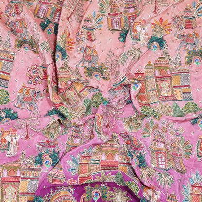 Pink Ombre Royal Scenic Embroidered Crepe Fabric