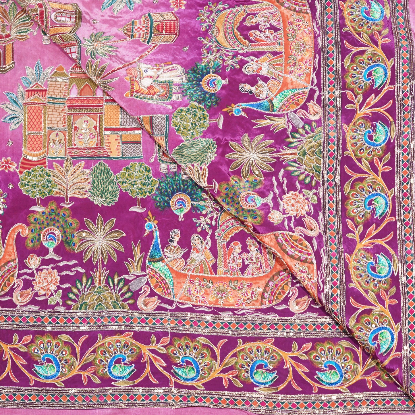 Pink Ombre Royal Scenic Embroidered Crepe Fabric